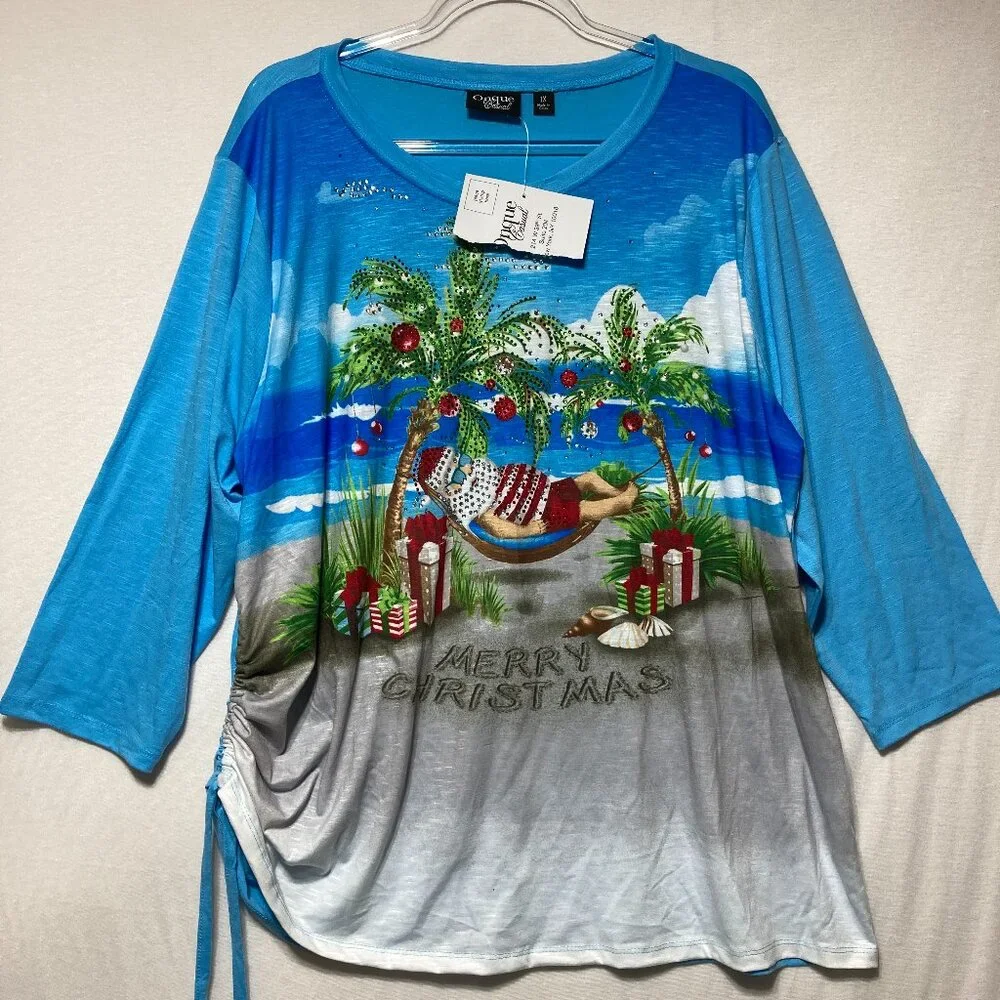 New Onque Casuals Top 1X Colorful Embellished Holiday Fun Print Stretch Vacation